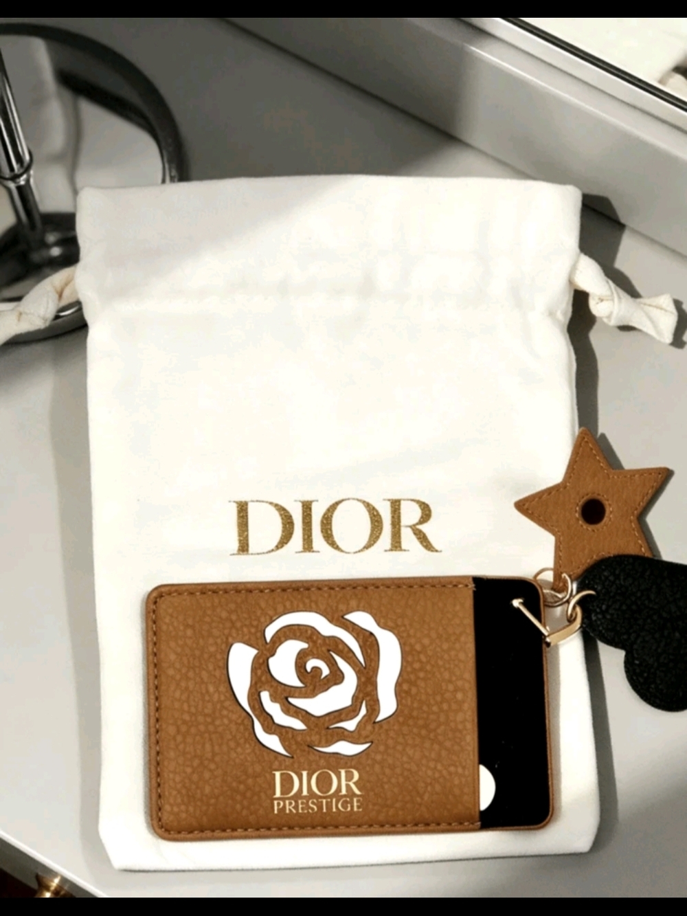 Dior Brown Leather Card Holder with Rose Motif